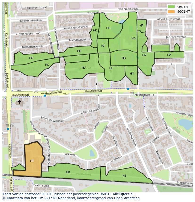 Afbeelding van het postcodegebied 9601 HT op de kaart.