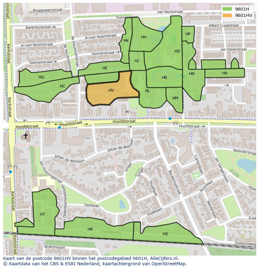 Afbeelding van het postcodegebied 9601 HV op de kaart.