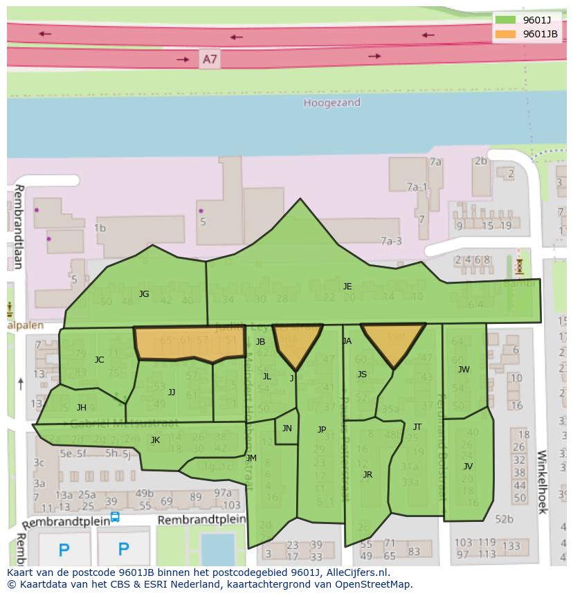 Afbeelding van het postcodegebied 9601 JB op de kaart.