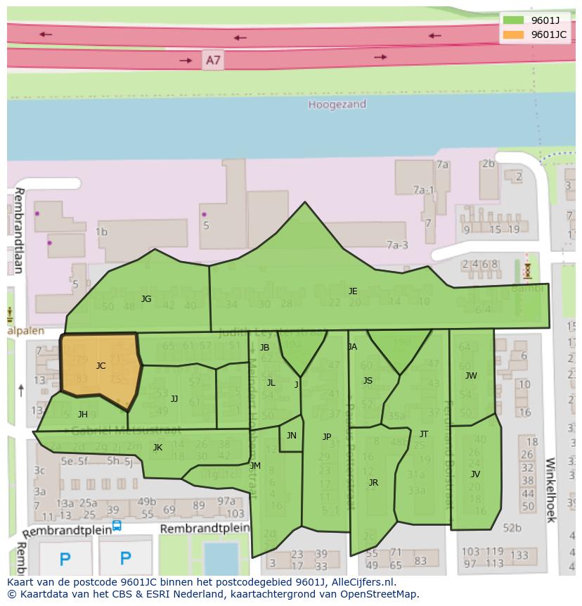 Afbeelding van het postcodegebied 9601 JC op de kaart.