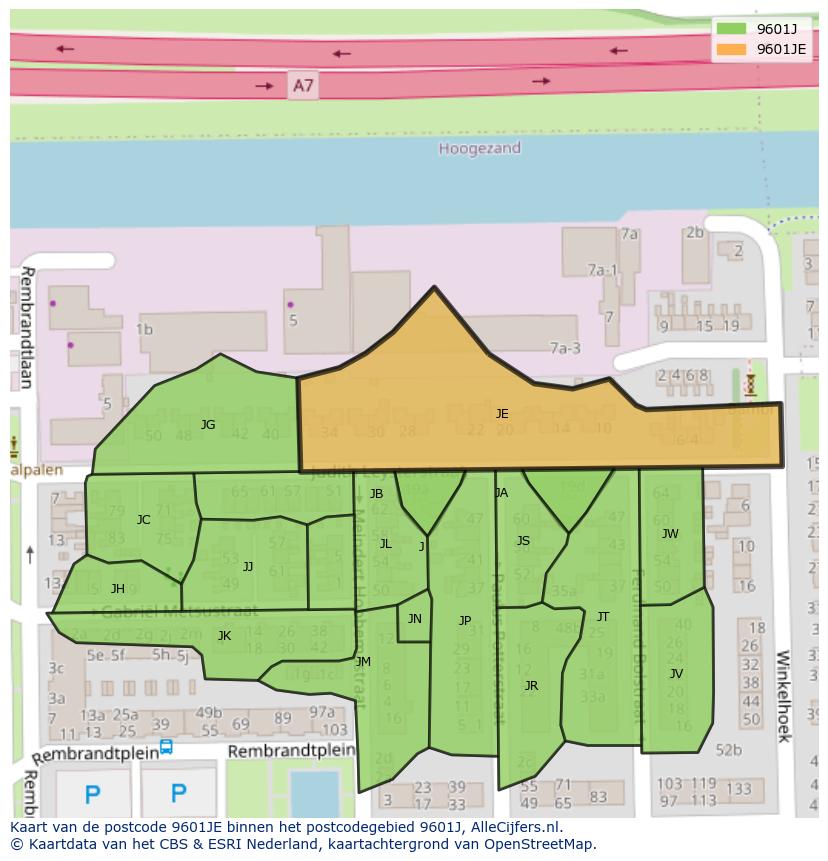 Afbeelding van het postcodegebied 9601 JE op de kaart.