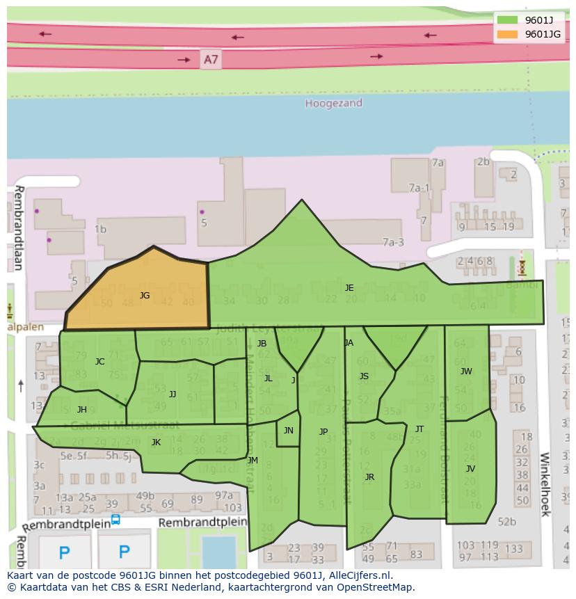 Afbeelding van het postcodegebied 9601 JG op de kaart.