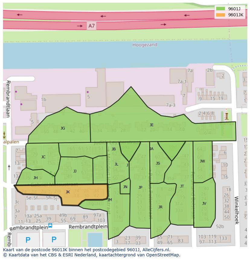 Afbeelding van het postcodegebied 9601 JK op de kaart.