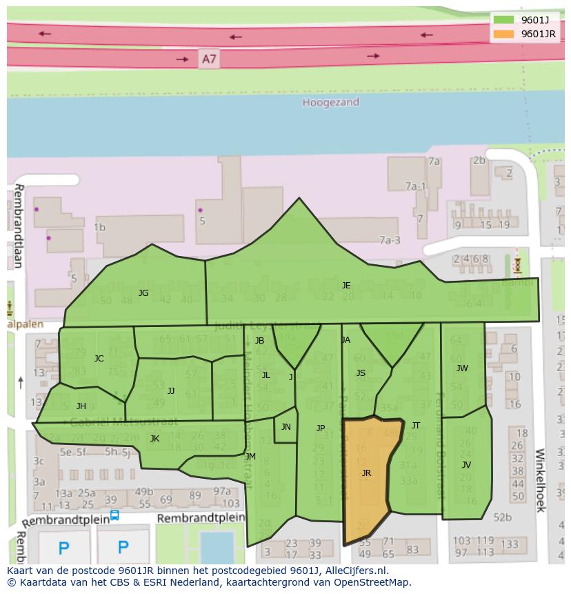 Afbeelding van het postcodegebied 9601 JR op de kaart.