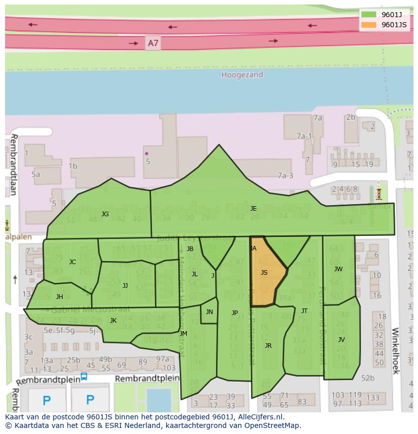 Afbeelding van het postcodegebied 9601 JS op de kaart.