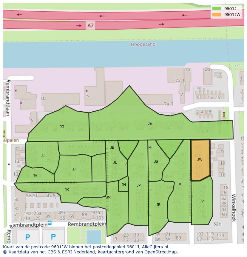 Afbeelding van het postcodegebied 9601 JW op de kaart.