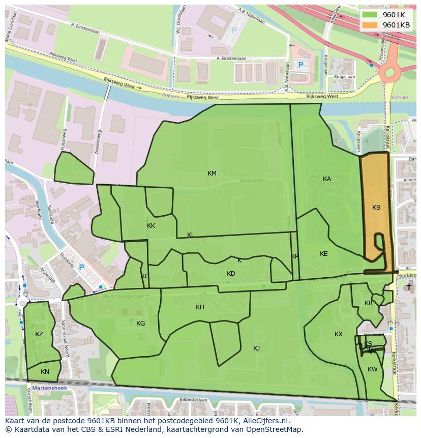Afbeelding van het postcodegebied 9601 KB op de kaart.