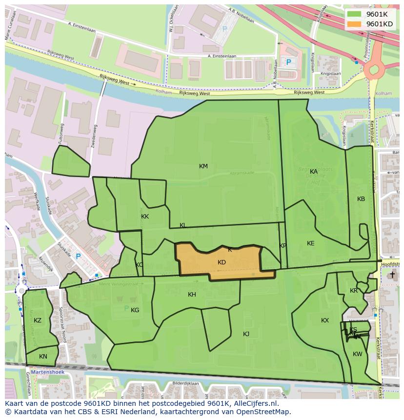 Afbeelding van het postcodegebied 9601 KD op de kaart.