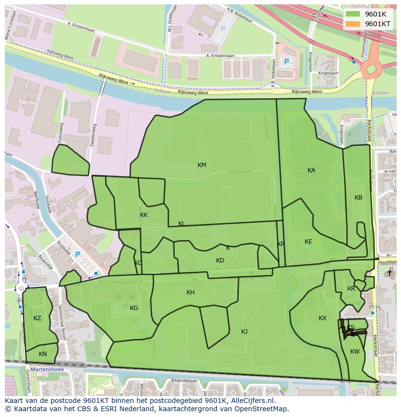 Afbeelding van het postcodegebied 9601 KT op de kaart.
