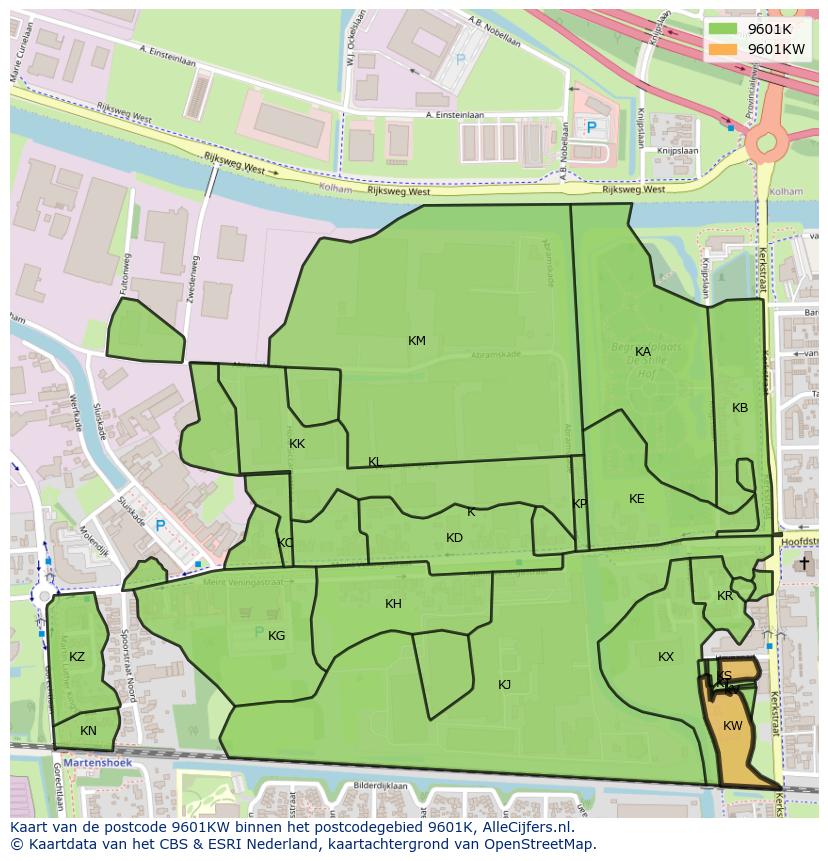 Afbeelding van het postcodegebied 9601 KW op de kaart.