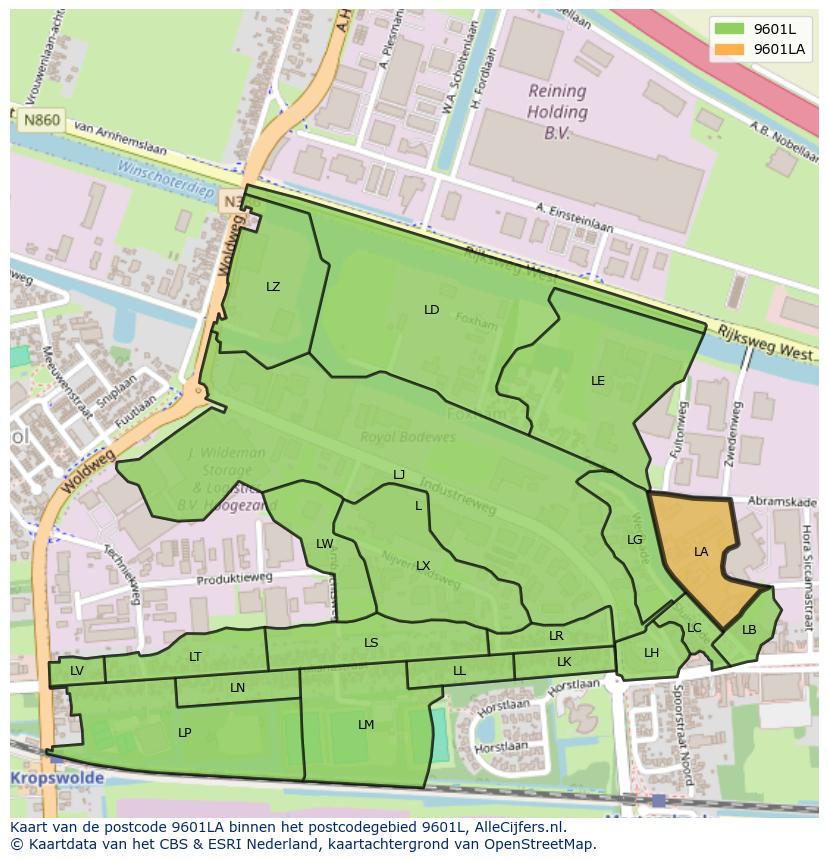 Afbeelding van het postcodegebied 9601 LA op de kaart.