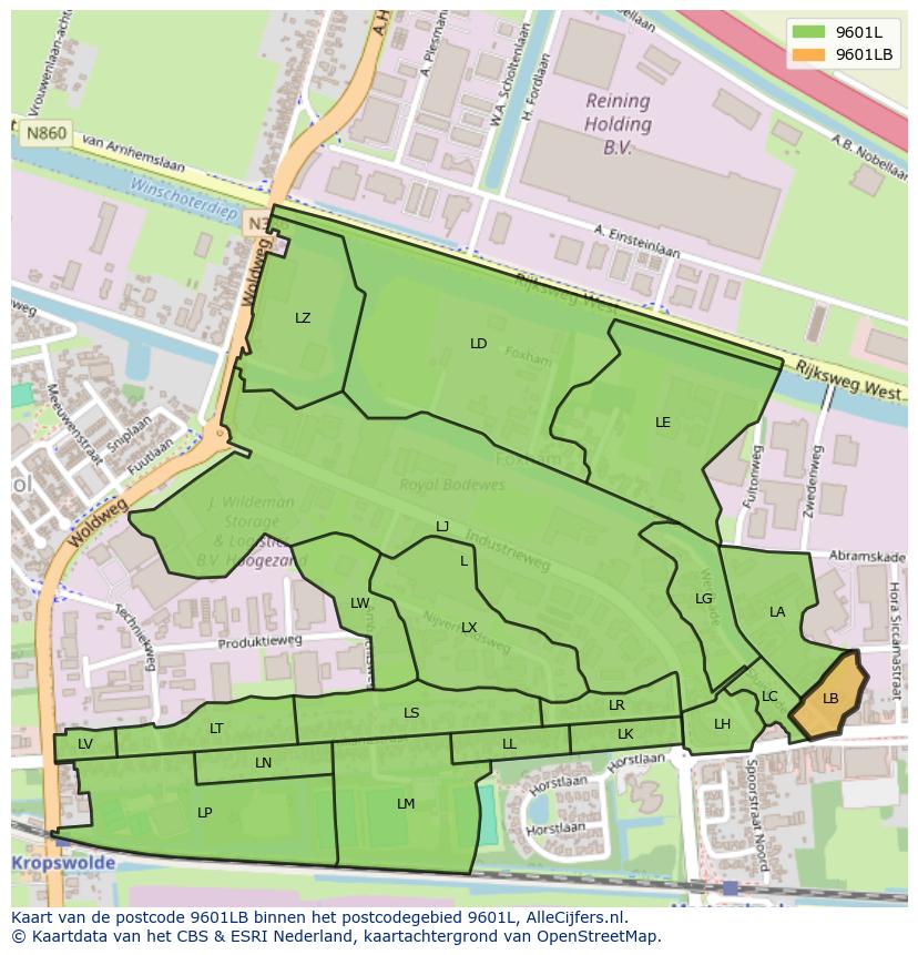 Afbeelding van het postcodegebied 9601 LB op de kaart.