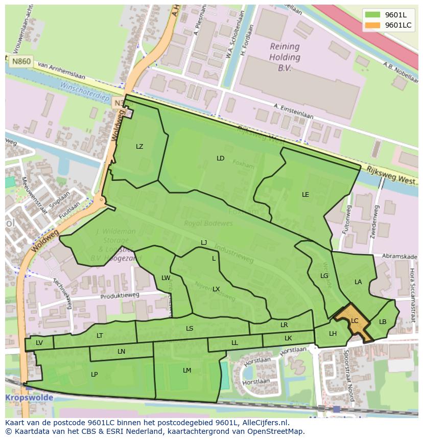 Afbeelding van het postcodegebied 9601 LC op de kaart.