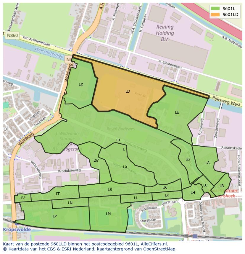 Afbeelding van het postcodegebied 9601 LD op de kaart.