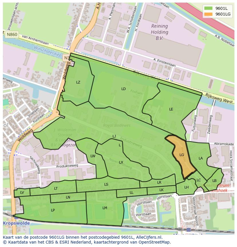 Afbeelding van het postcodegebied 9601 LG op de kaart.