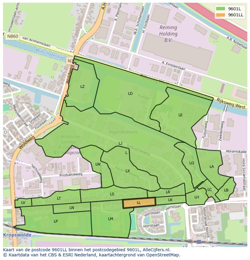 Afbeelding van het postcodegebied 9601 LL op de kaart.
