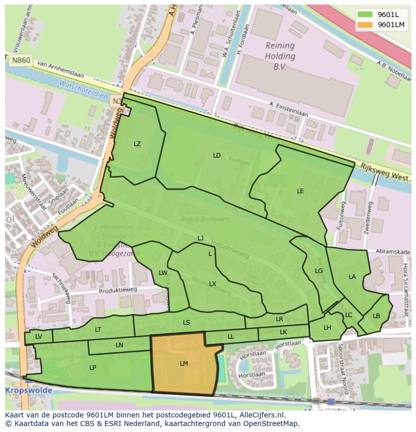 Afbeelding van het postcodegebied 9601 LM op de kaart.