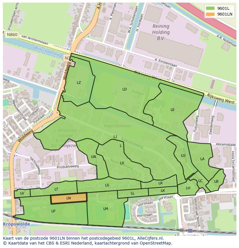 Afbeelding van het postcodegebied 9601 LN op de kaart.