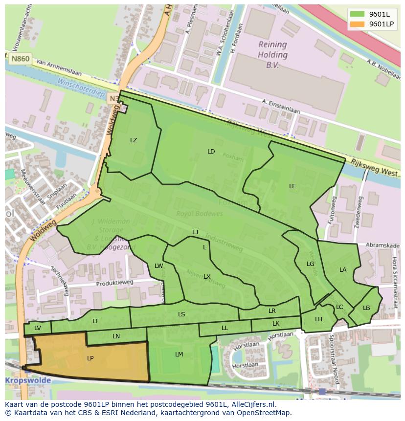 Afbeelding van het postcodegebied 9601 LP op de kaart.