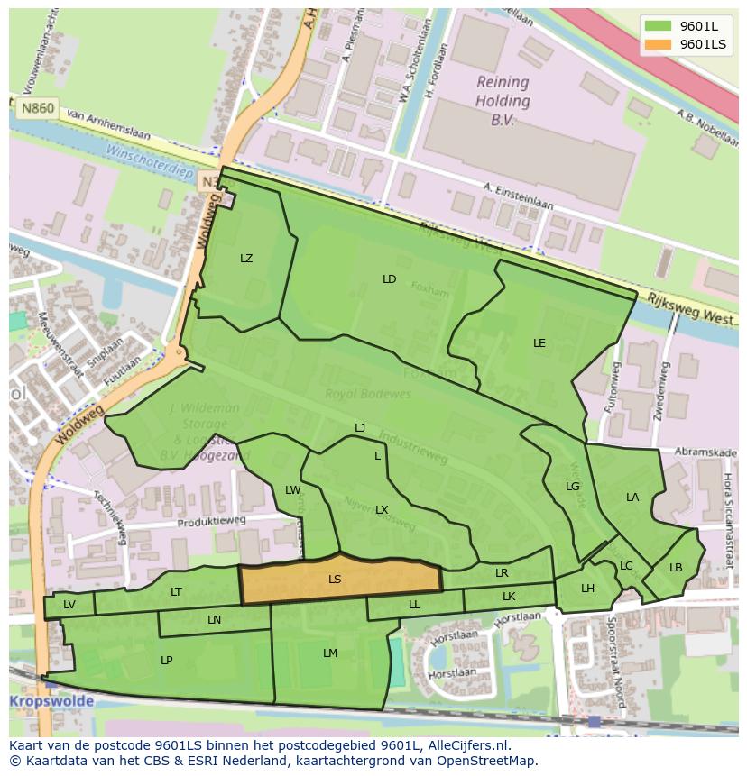 Afbeelding van het postcodegebied 9601 LS op de kaart.