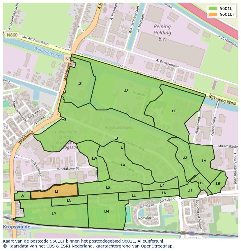 Afbeelding van het postcodegebied 9601 LT op de kaart.