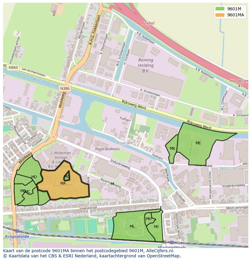 Afbeelding van het postcodegebied 9601 MA op de kaart.
