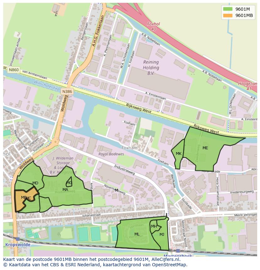 Afbeelding van het postcodegebied 9601 MB op de kaart.