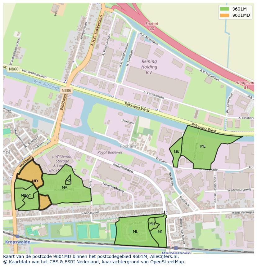 Afbeelding van het postcodegebied 9601 MD op de kaart.