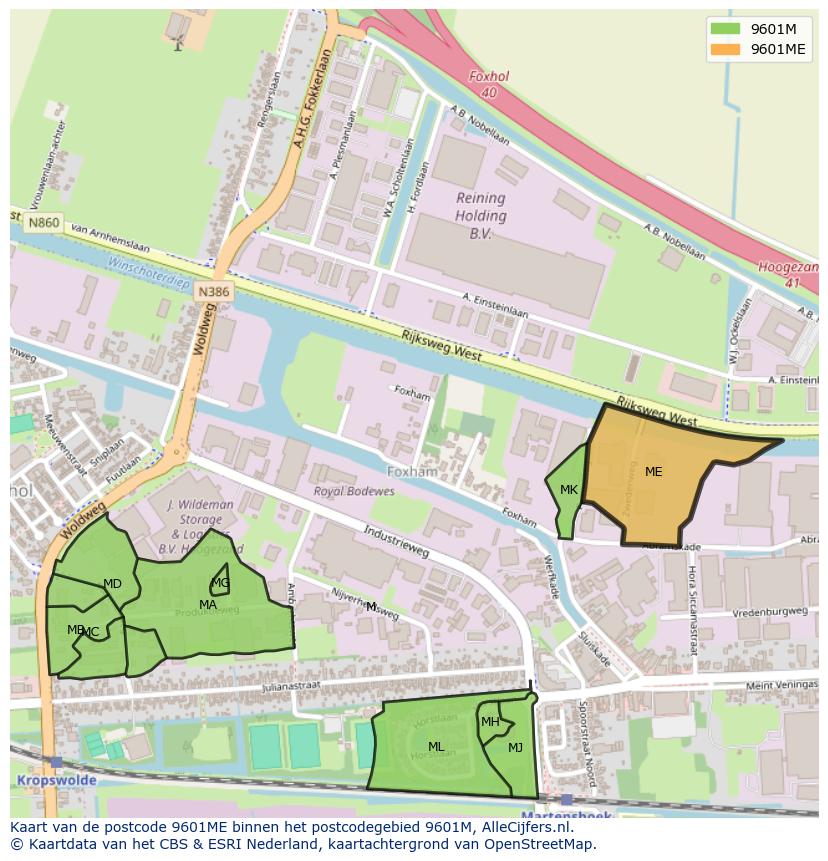 Afbeelding van het postcodegebied 9601 ME op de kaart.