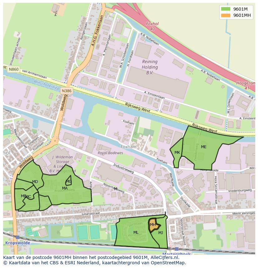 Afbeelding van het postcodegebied 9601 MH op de kaart.