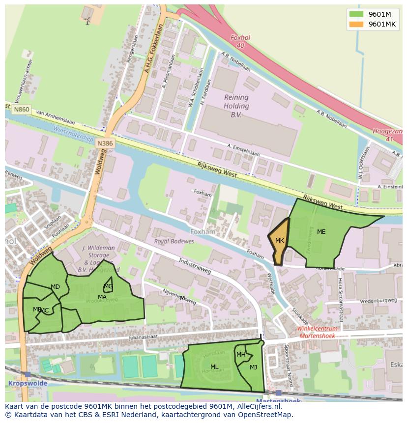 Afbeelding van het postcodegebied 9601 MK op de kaart.