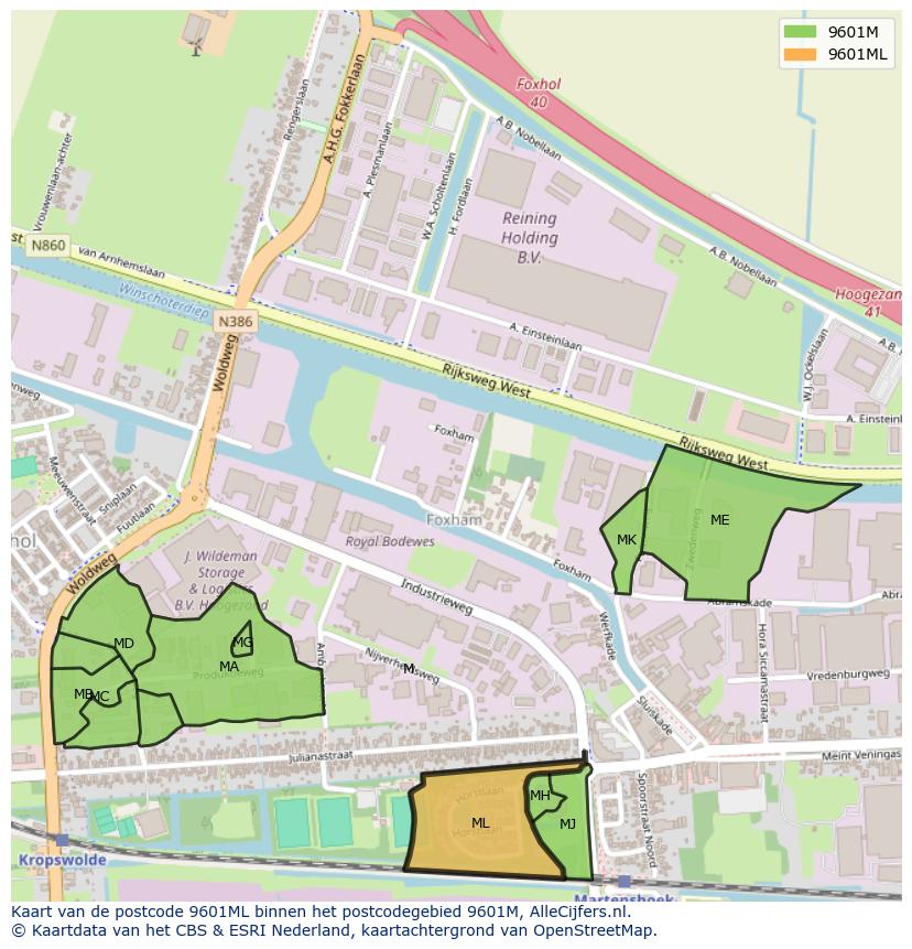 Afbeelding van het postcodegebied 9601 ML op de kaart.