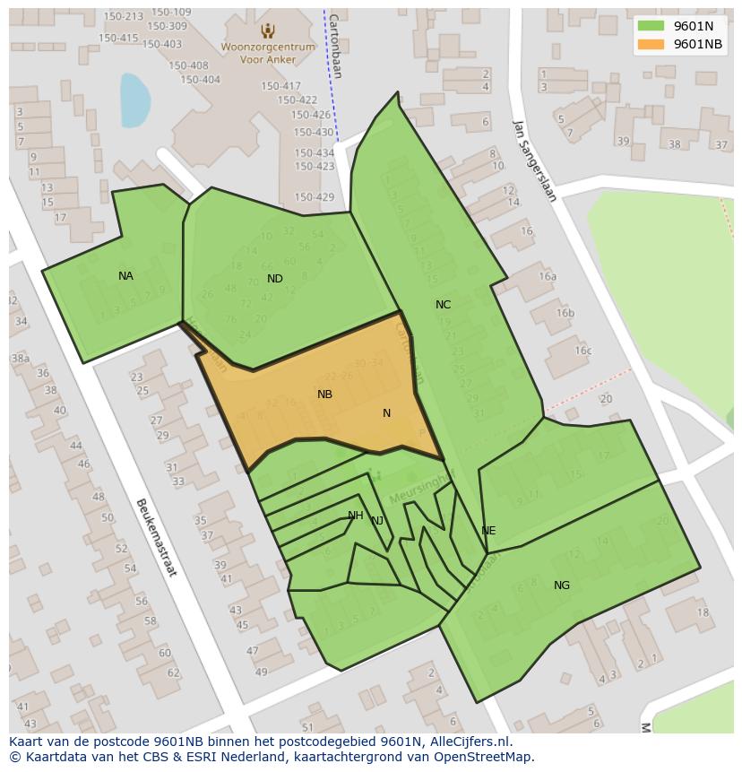 Afbeelding van het postcodegebied 9601 NB op de kaart.