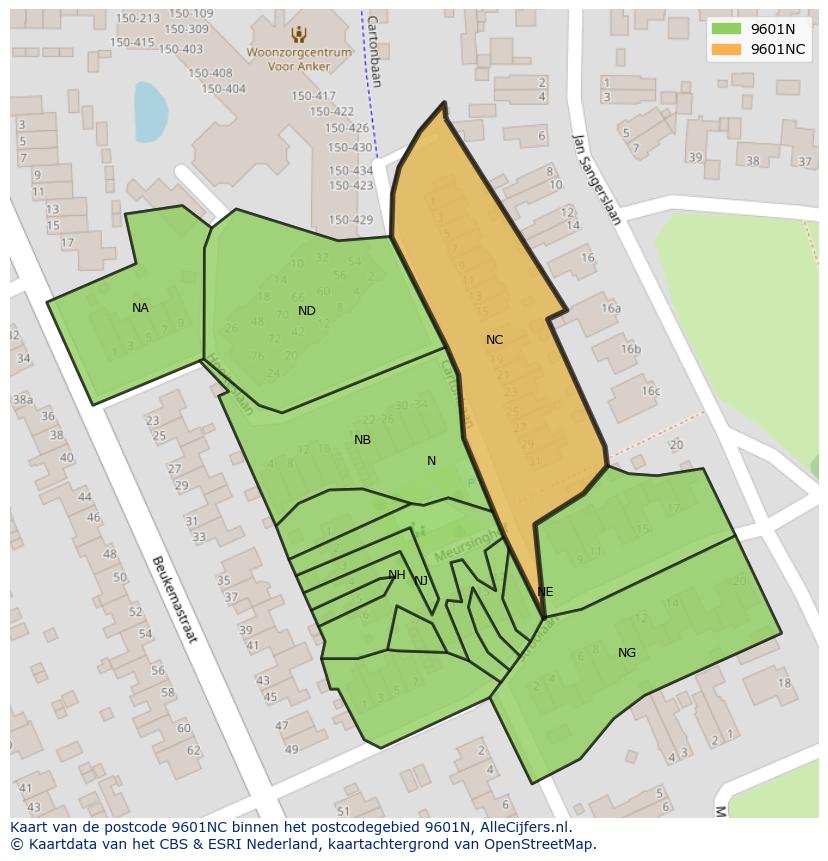 Afbeelding van het postcodegebied 9601 NC op de kaart.