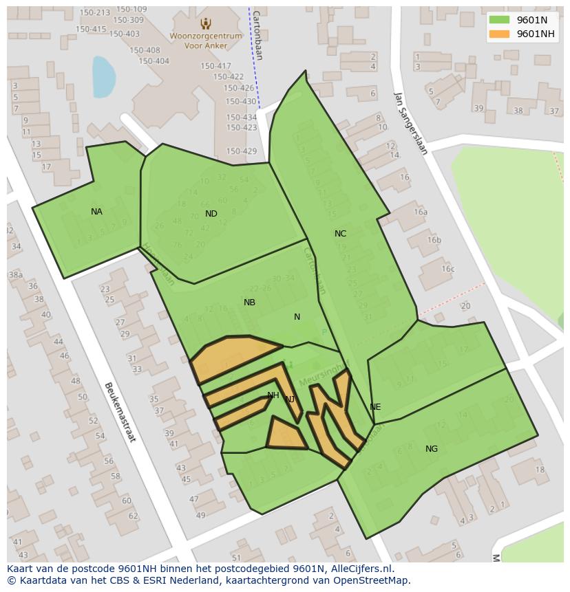 Afbeelding van het postcodegebied 9601 NH op de kaart.
