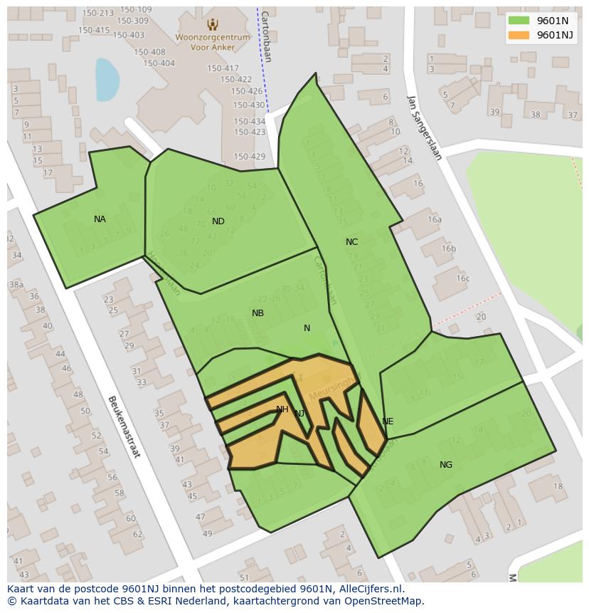 Afbeelding van het postcodegebied 9601 NJ op de kaart.