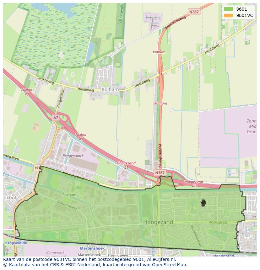 Afbeelding van het postcodegebied 9601 VC op de kaart.