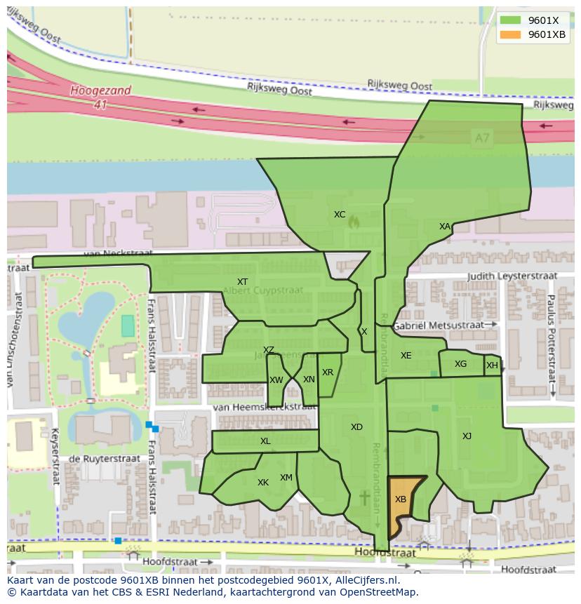 Afbeelding van het postcodegebied 9601 XB op de kaart.