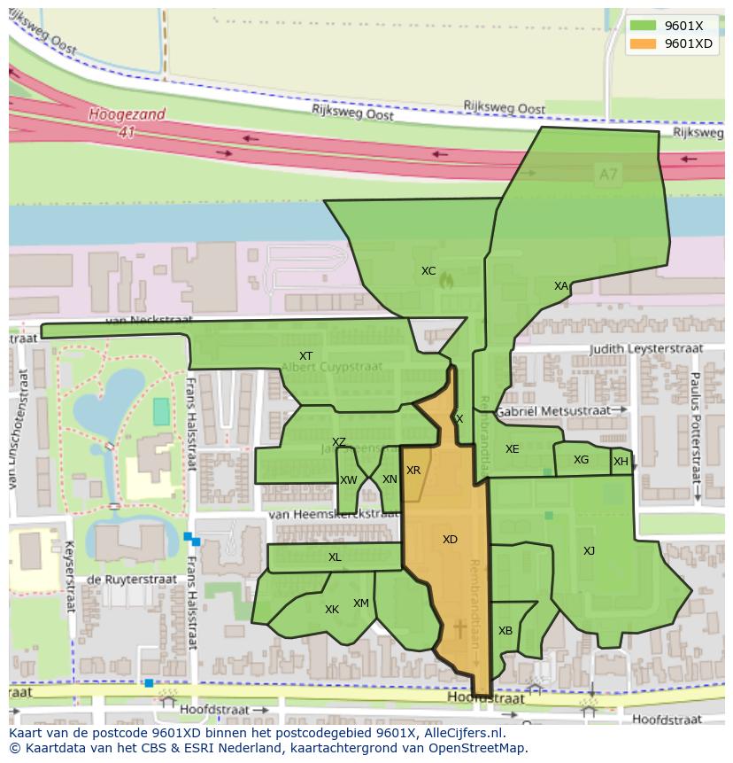 Afbeelding van het postcodegebied 9601 XD op de kaart.