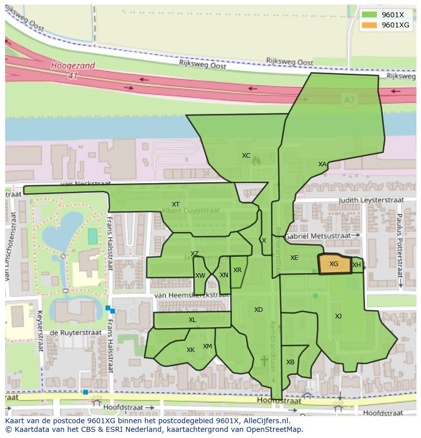 Afbeelding van het postcodegebied 9601 XG op de kaart.