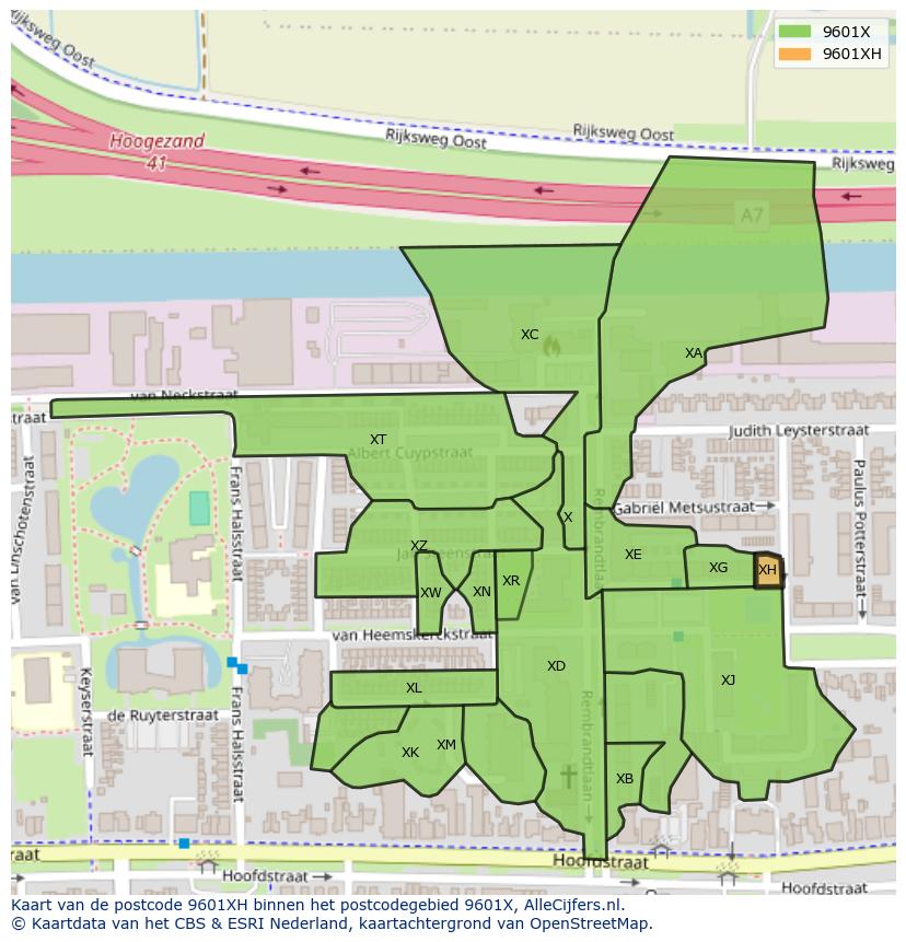 Afbeelding van het postcodegebied 9601 XH op de kaart.