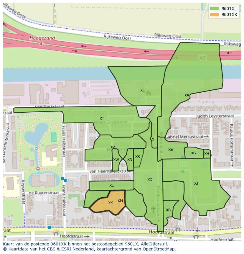Afbeelding van het postcodegebied 9601 XK op de kaart.