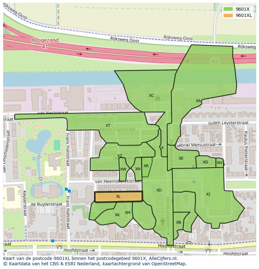 Afbeelding van het postcodegebied 9601 XL op de kaart.