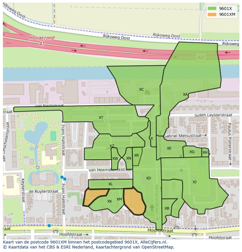 Afbeelding van het postcodegebied 9601 XM op de kaart.