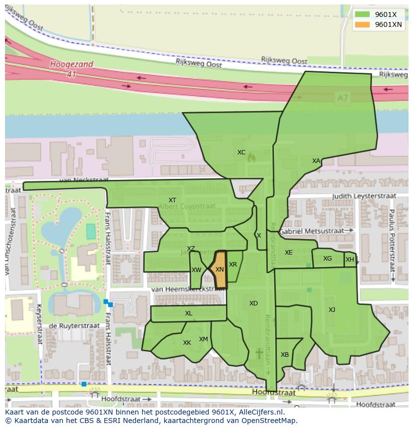 Afbeelding van het postcodegebied 9601 XN op de kaart.