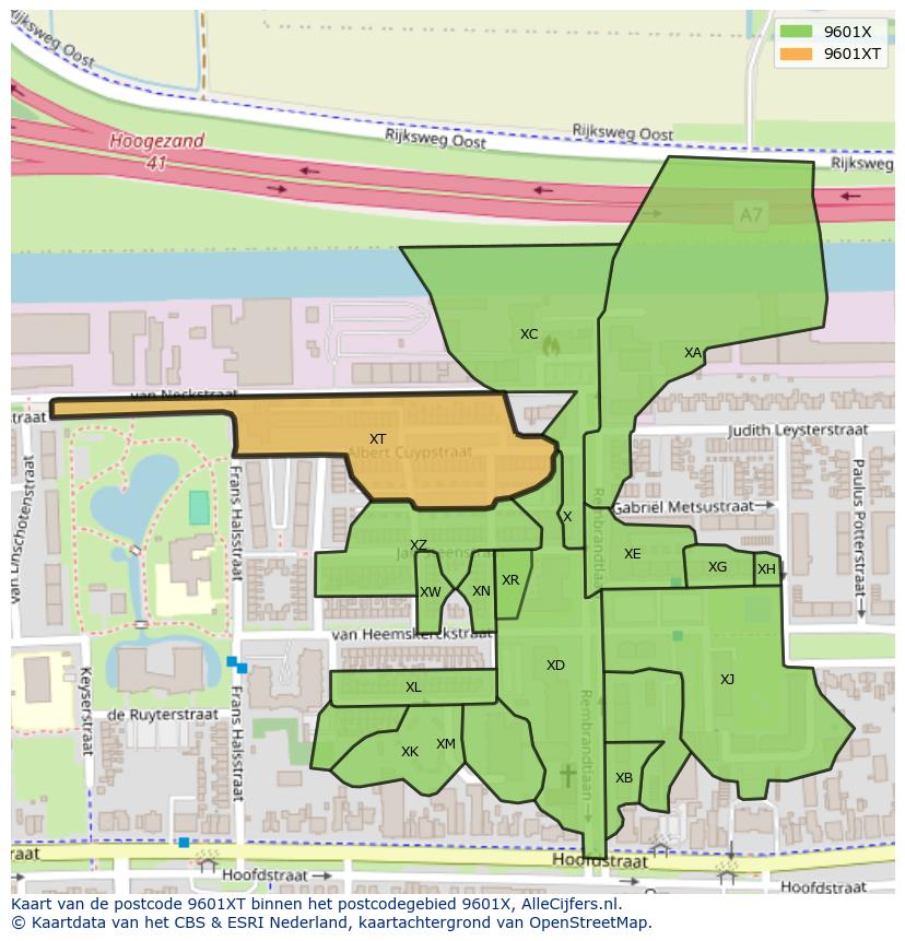 Afbeelding van het postcodegebied 9601 XT op de kaart.