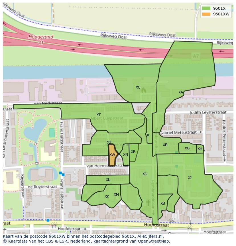 Afbeelding van het postcodegebied 9601 XW op de kaart.