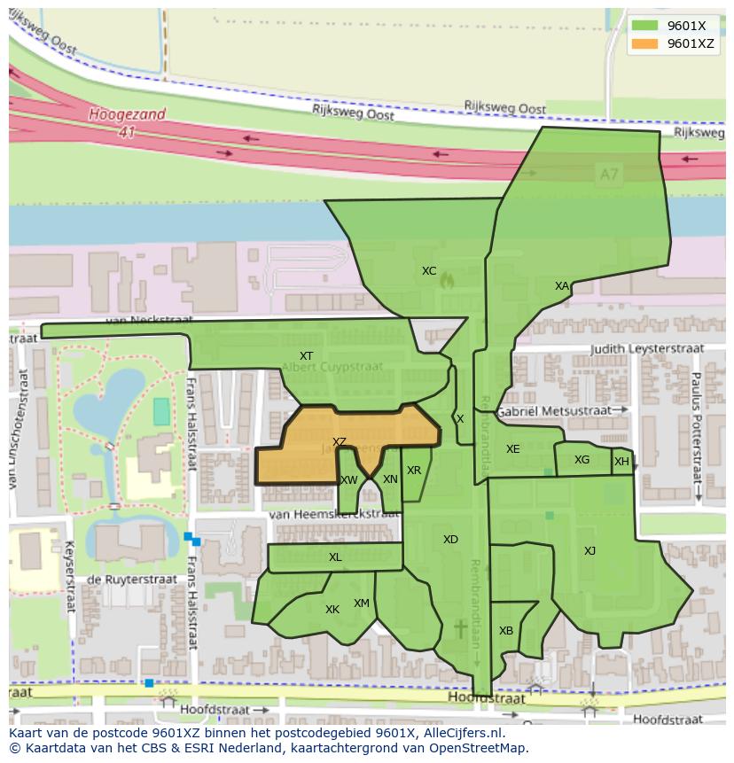 Afbeelding van het postcodegebied 9601 XZ op de kaart.