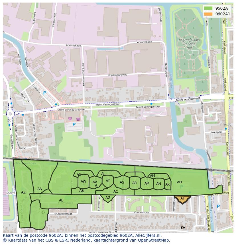 Afbeelding van het postcodegebied 9602 AJ op de kaart.