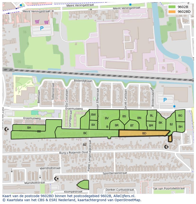 Afbeelding van het postcodegebied 9602 BD op de kaart.